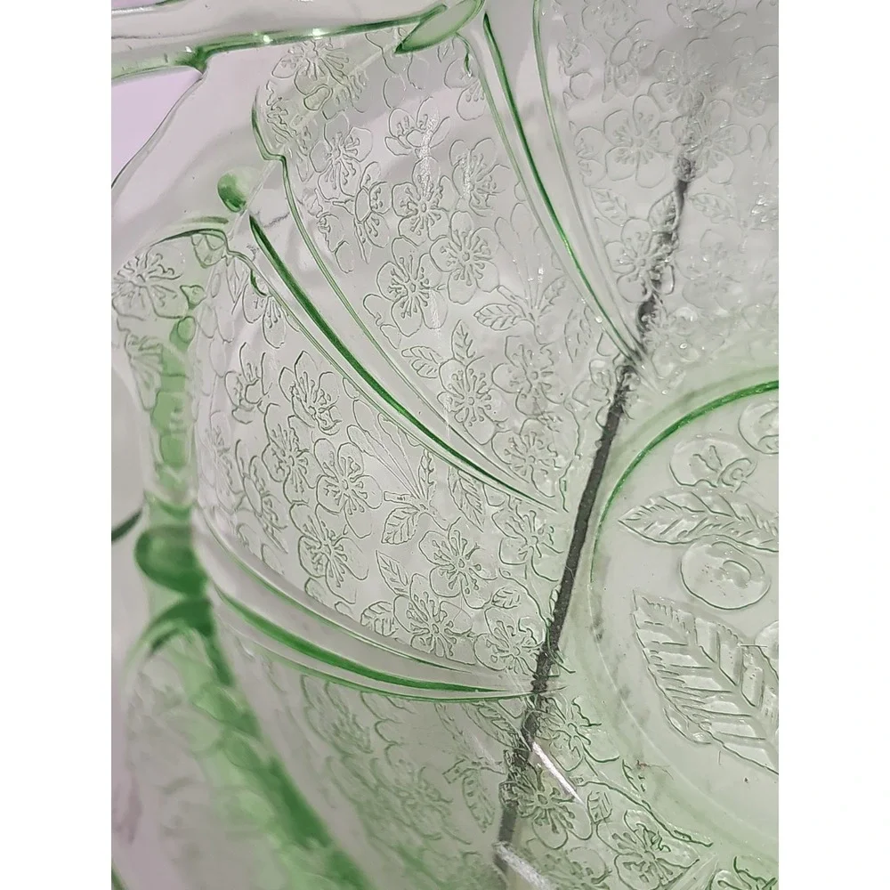 VTG Jeanette Cherry Blossom Green Depression Glass Serving Bowl with handles